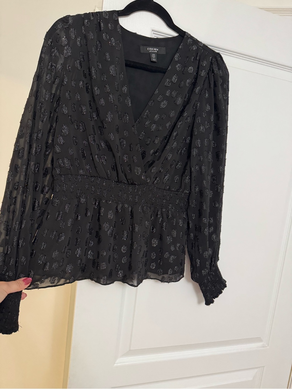 Ever New Black Metallic Dot Wrap Peplum Blouse